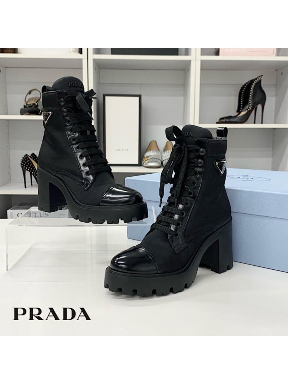 Prada Triangle Logo Nylon Leather Lace Up Short Boots